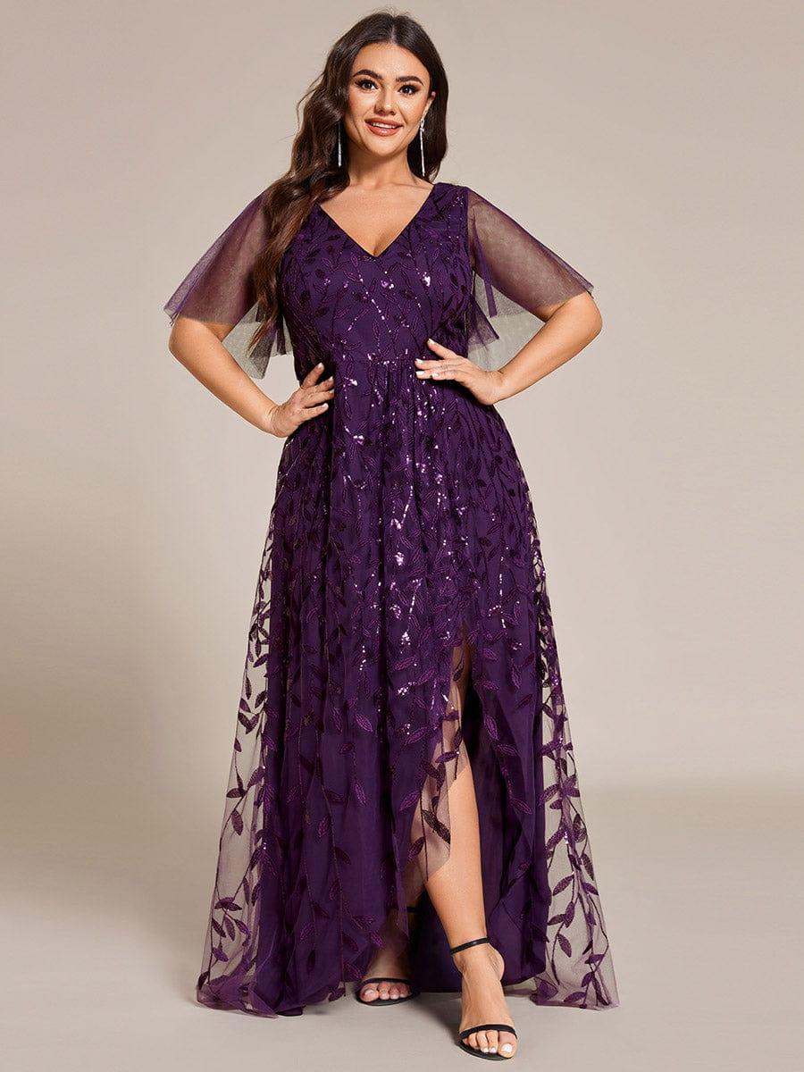 Classic Plus Size Hi-Lo Sequin V-Neck Formal Evening Dress with Short Sleeves