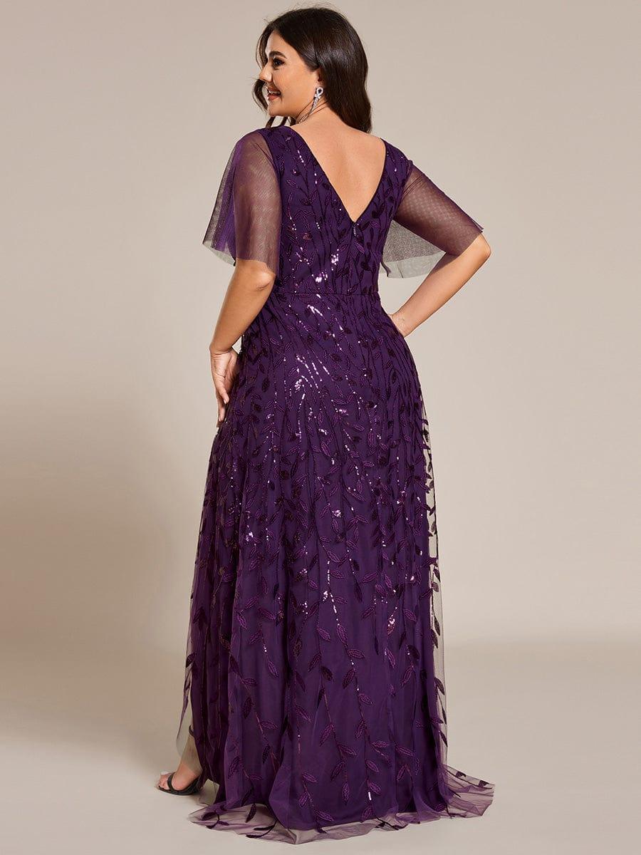 Classic Plus Size Hi-Lo Sequin V-Neck Formal Evening Dress with Short Sleeves