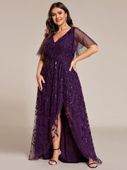 Classic Plus Size Hi-Lo Sequin V-Neck Formal Evening Dress with Short Sleeves