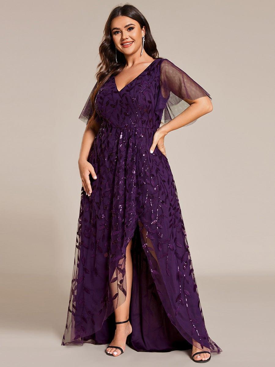 Classic Plus Size Hi-Lo Sequin V-Neck Formal Evening Dress with Short Sleeves