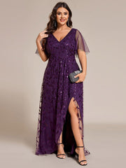 Classic Plus Size Hi-Lo Sequin V-Neck Formal Evening Dress with Short Sleeves