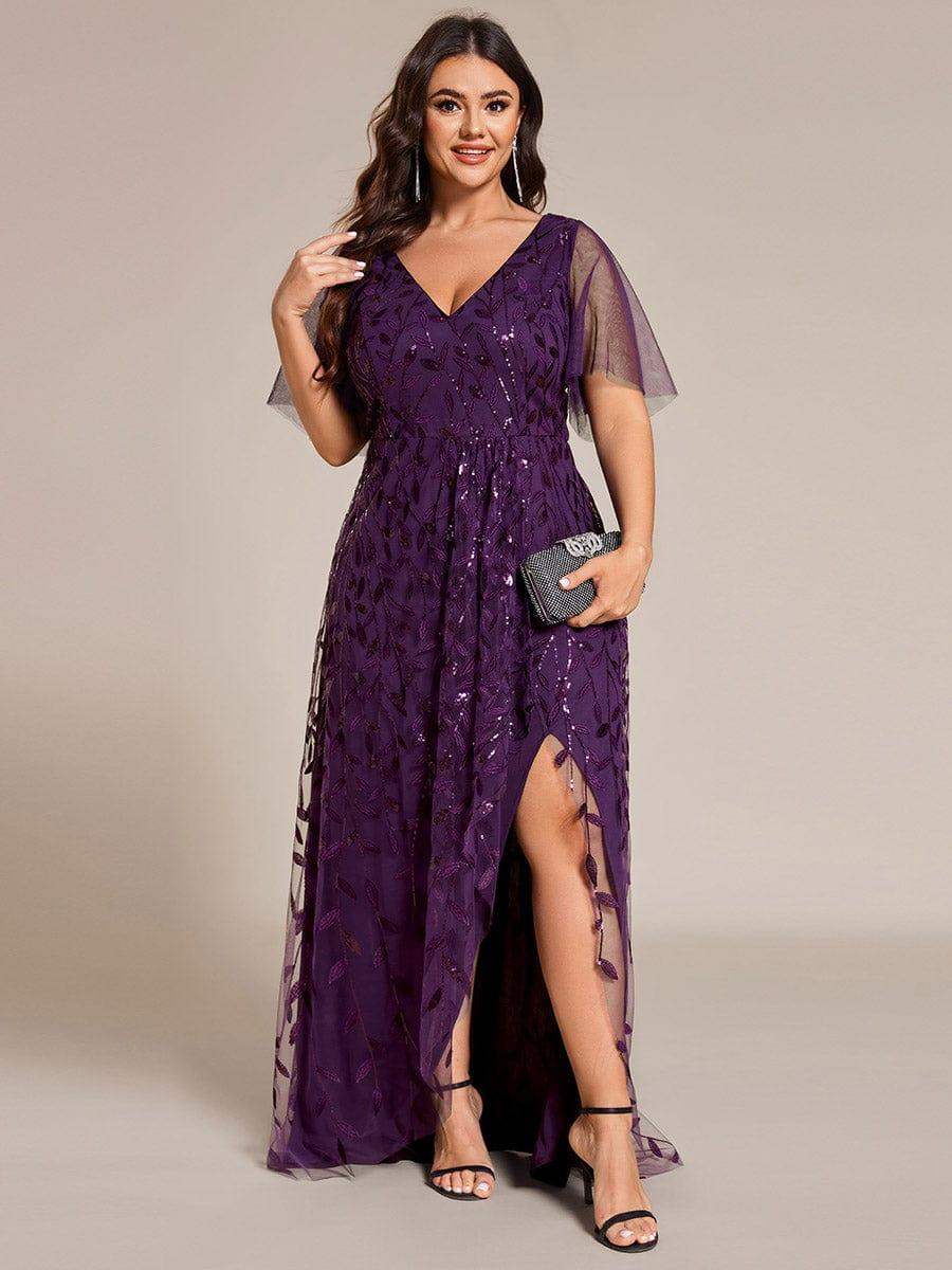 Classic Plus Size Hi-Lo Sequin V-Neck Formal Evening Dress with Short Sleeves