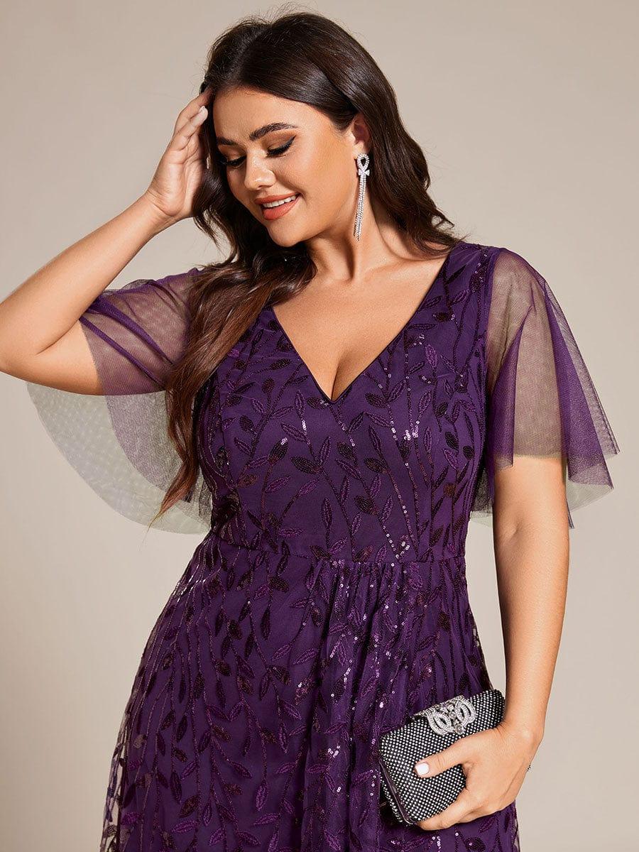 Classic Plus Size Hi-Lo Sequin V-Neck Formal Evening Dress with Short Sleeves