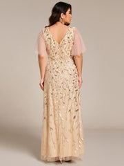 Classic Plus Size Hi-Lo Sequin V-Neck Formal Evening Dress with Short Sleeves