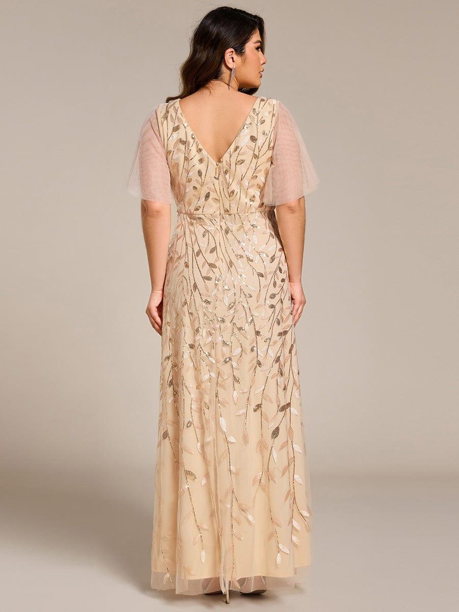 Classic Plus Size Hi-Lo Sequin V-Neck Formal Evening Dress with Short Sleeves