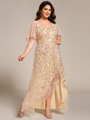 Classic Plus Size Hi-Lo Sequin V-Neck Formal Evening Dress with Short Sleeves