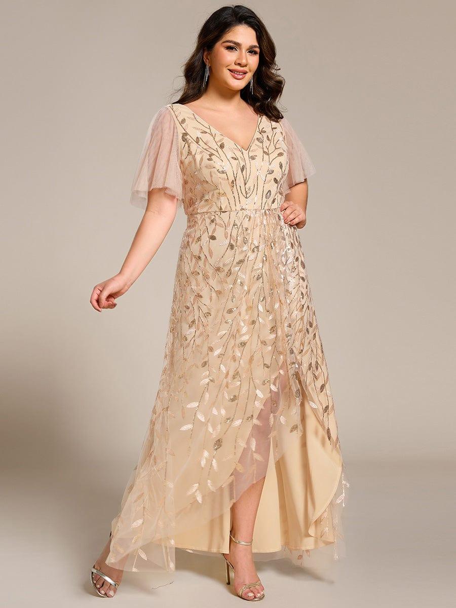 Classic Plus Size Hi-Lo Sequin V-Neck Formal Evening Dress with Short Sleeves