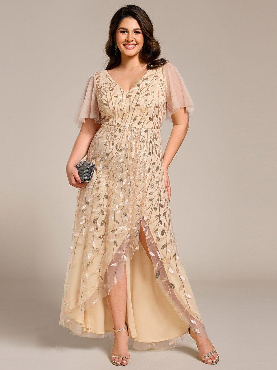 Classic Plus Size Hi-Lo Sequin V-Neck Formal Evening Dress with Short Sleeves