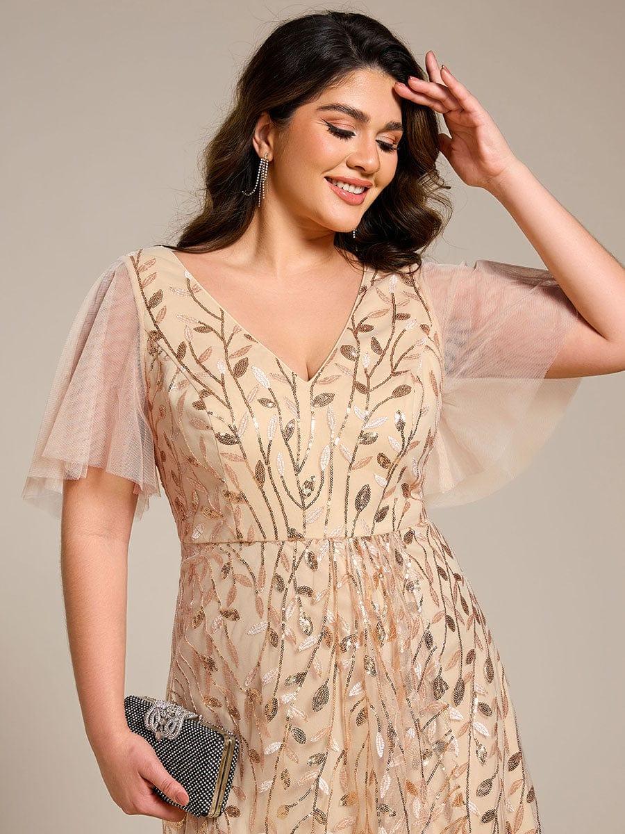 Classic Plus Size Hi-Lo Sequin V-Neck Formal Evening Dress with Short Sleeves
