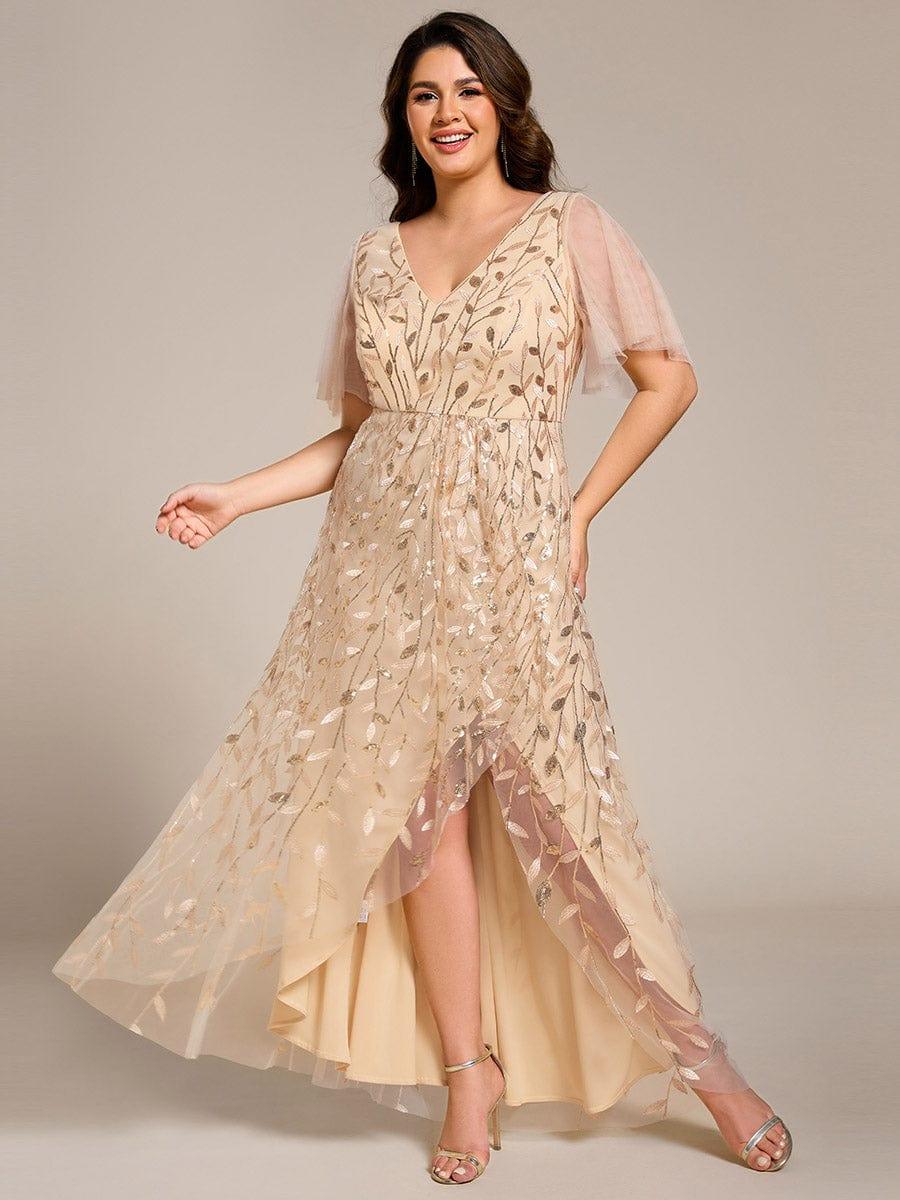 Classic Plus Size Hi-Lo Sequin V-Neck Formal Evening Dress with Short Sleeves