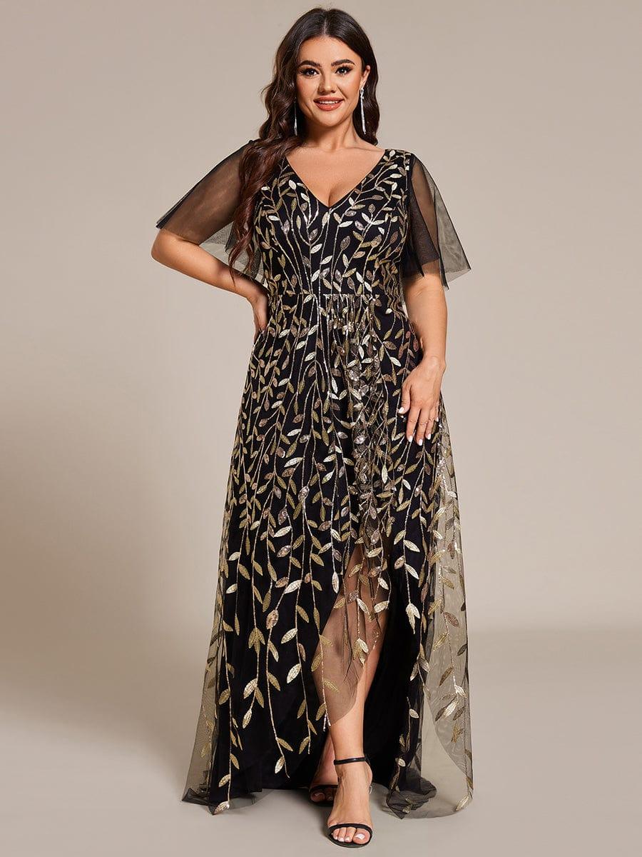 Classic Plus Size Hi-Lo Sequin V-Neck Formal Evening Dress with Short Sleeves