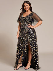 Classic Plus Size Hi-Lo Sequin V-Neck Formal Evening Dress with Short Sleeves