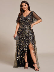 Classic Plus Size Hi-Lo Sequin V-Neck Formal Evening Dress with Short Sleeves