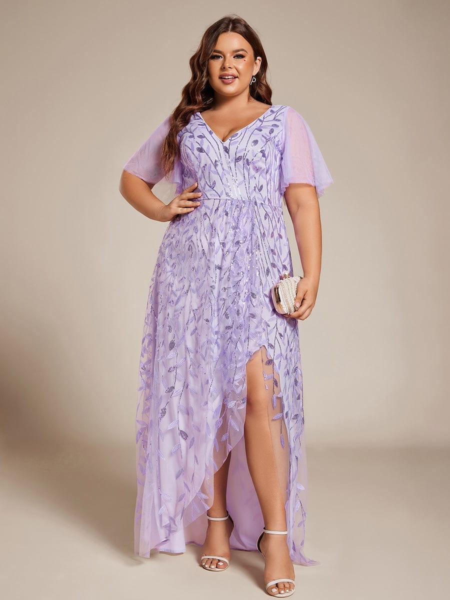 Classic Plus Size Hi-Lo Sequin V-Neck Formal Evening Dress with Short Sleeves