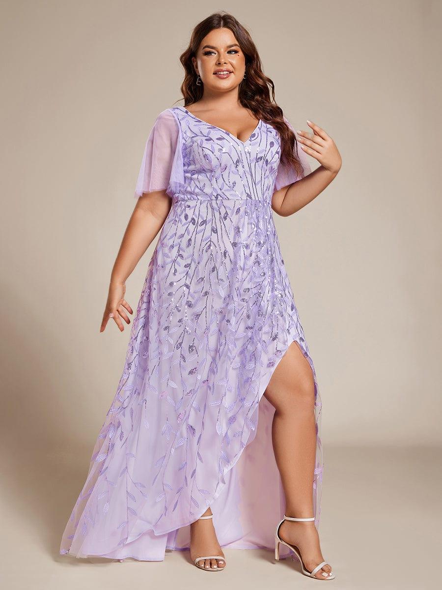 Classic Plus Size Hi-Lo Sequin V-Neck Formal Evening Dress with Short Sleeves