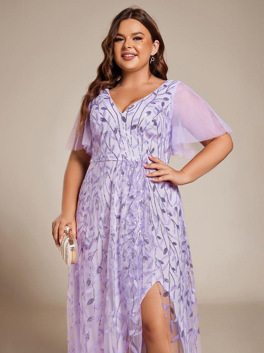 Classic Plus Size Hi-Lo Sequin V-Neck Formal Evening Dress with Short Sleeves