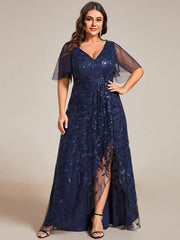 Classic Plus Size Hi-Lo Sequin V-Neck Formal Evening Dress with Short Sleeves