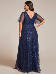 Classic Plus Size Hi-Lo Sequin V-Neck Formal Evening Dress with Short Sleeves