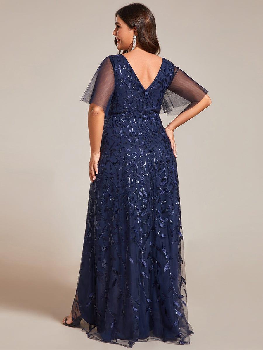 Classic Plus Size Hi-Lo Sequin V-Neck Formal Evening Dress with Short Sleeves