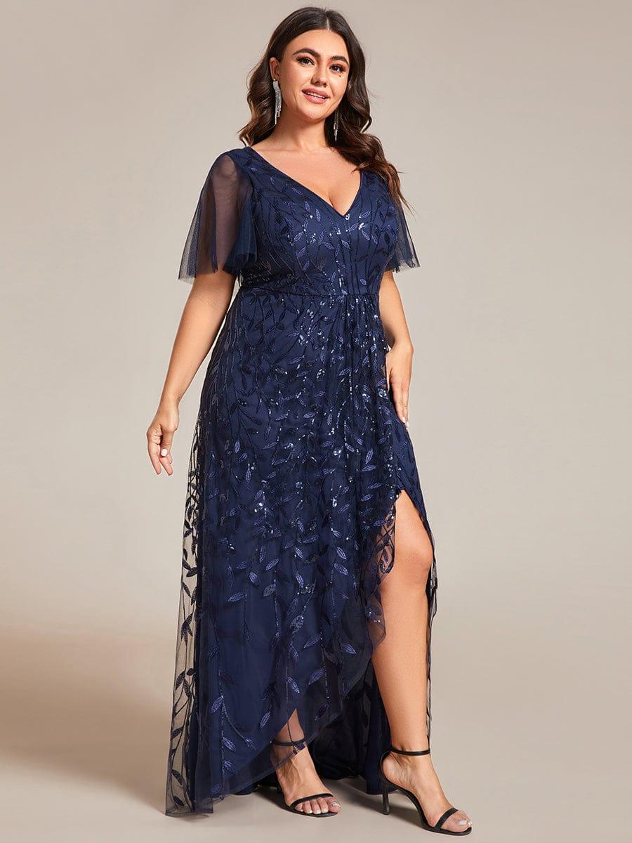Classic Plus Size Hi-Lo Sequin V-Neck Formal Evening Dress with Short Sleeves