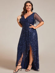 Classic Plus Size Hi-Lo Sequin V-Neck Formal Evening Dress with Short Sleeves