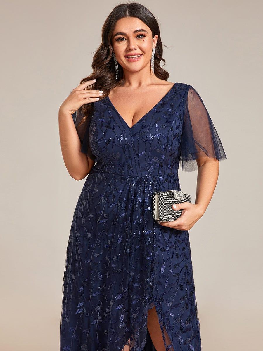 Classic Plus Size Hi-Lo Sequin V-Neck Formal Evening Dress with Short Sleeves
