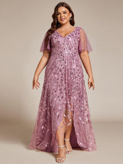 Classic Plus Size Hi-Lo Sequin V-Neck Formal Evening Dress with Short Sleeves