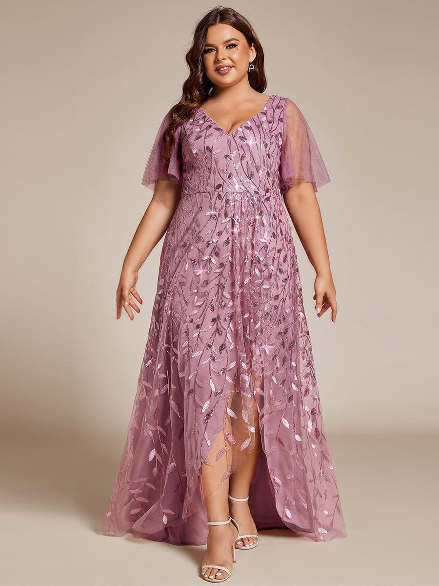 Classic Plus Size Hi-Lo Sequin V-Neck Formal Evening Dress with Short Sleeves
