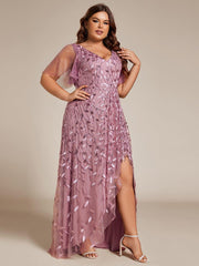 Classic Plus Size Hi-Lo Sequin V-Neck Formal Evening Dress with Short Sleeves