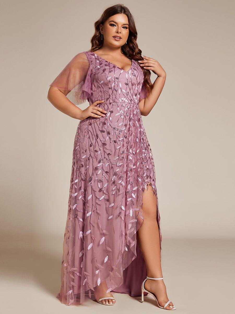 Classic Plus Size Hi-Lo Sequin V-Neck Formal Evening Dress with Short Sleeves