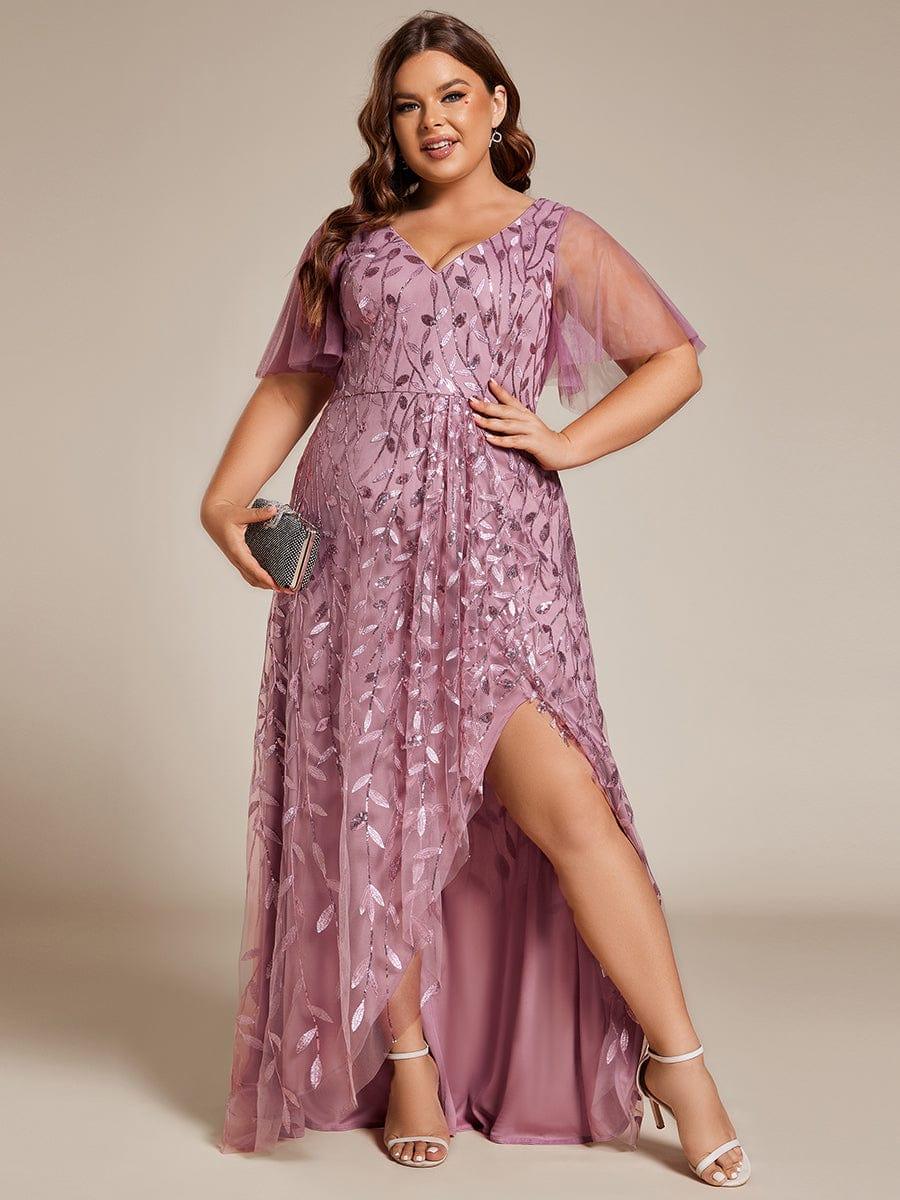 Classic Plus Size Hi-Lo Sequin V-Neck Formal Evening Dress with Short Sleeves