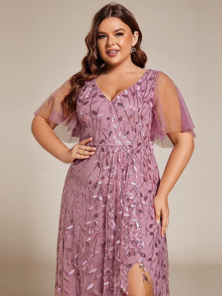 Classic Plus Size Hi-Lo Sequin V-Neck Formal Evening Dress with Short Sleeves