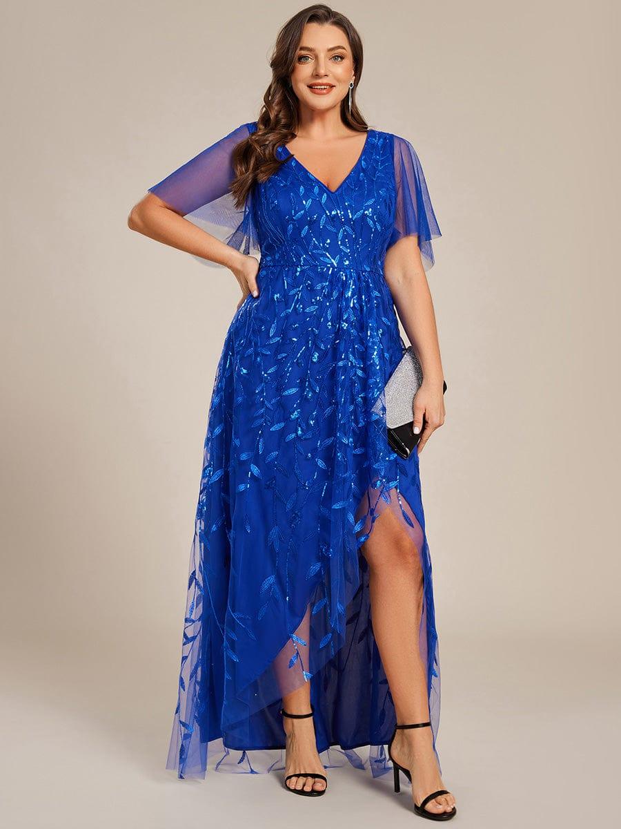 Classic Plus Size Hi-Lo Sequin V-Neck Formal Evening Dress with Short Sleeves
