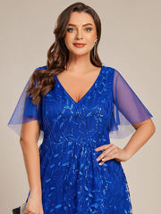 Classic Plus Size Hi-Lo Sequin V-Neck Formal Evening Dress with Short Sleeves