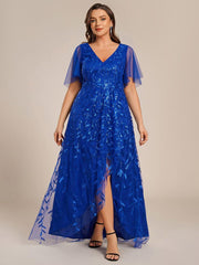 Classic Plus Size Hi-Lo Sequin V-Neck Formal Evening Dress with Short Sleeves