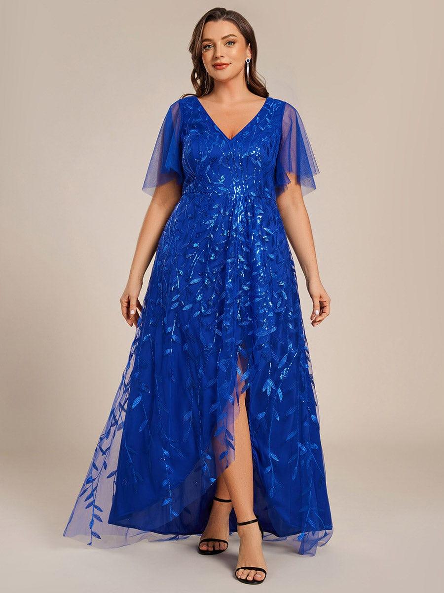 Classic Plus Size Hi-Lo Sequin V-Neck Formal Evening Dress with Short Sleeves