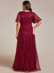 Radiant Sequin Short Sleeves A-Line V-Neck Formal Evening Dress