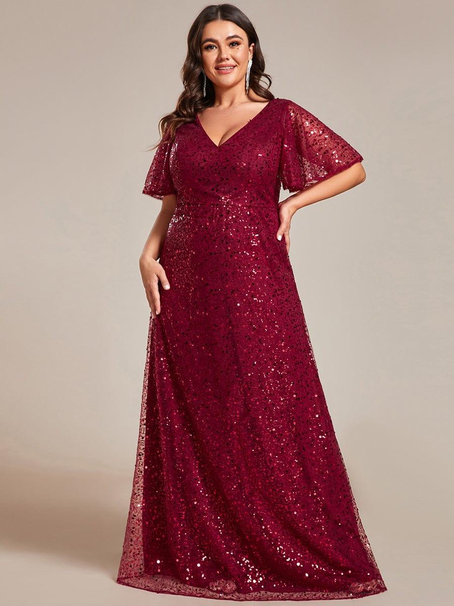 Radiant Sequin Short Sleeves A-Line V-Neck Formal Evening Dress