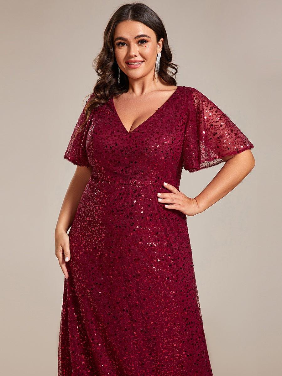 Radiant Sequin Short Sleeves A-Line V-Neck Formal Evening Dress