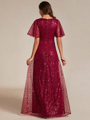 Radiant Sequin Short Sleeves A-Line V-Neck Formal Evening Dress