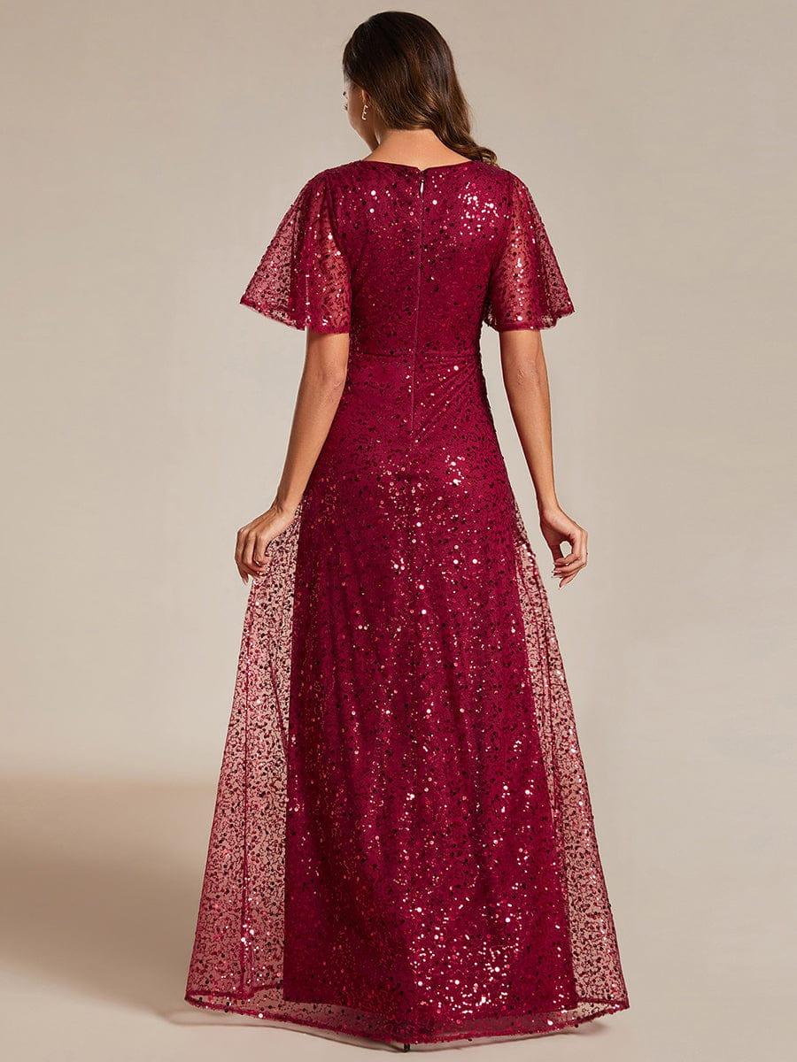Radiant Sequin Short Sleeves A-Line V-Neck Formal Evening Dress