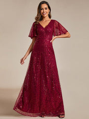 Radiant Sequin Short Sleeves A-Line V-Neck Formal Evening Dress