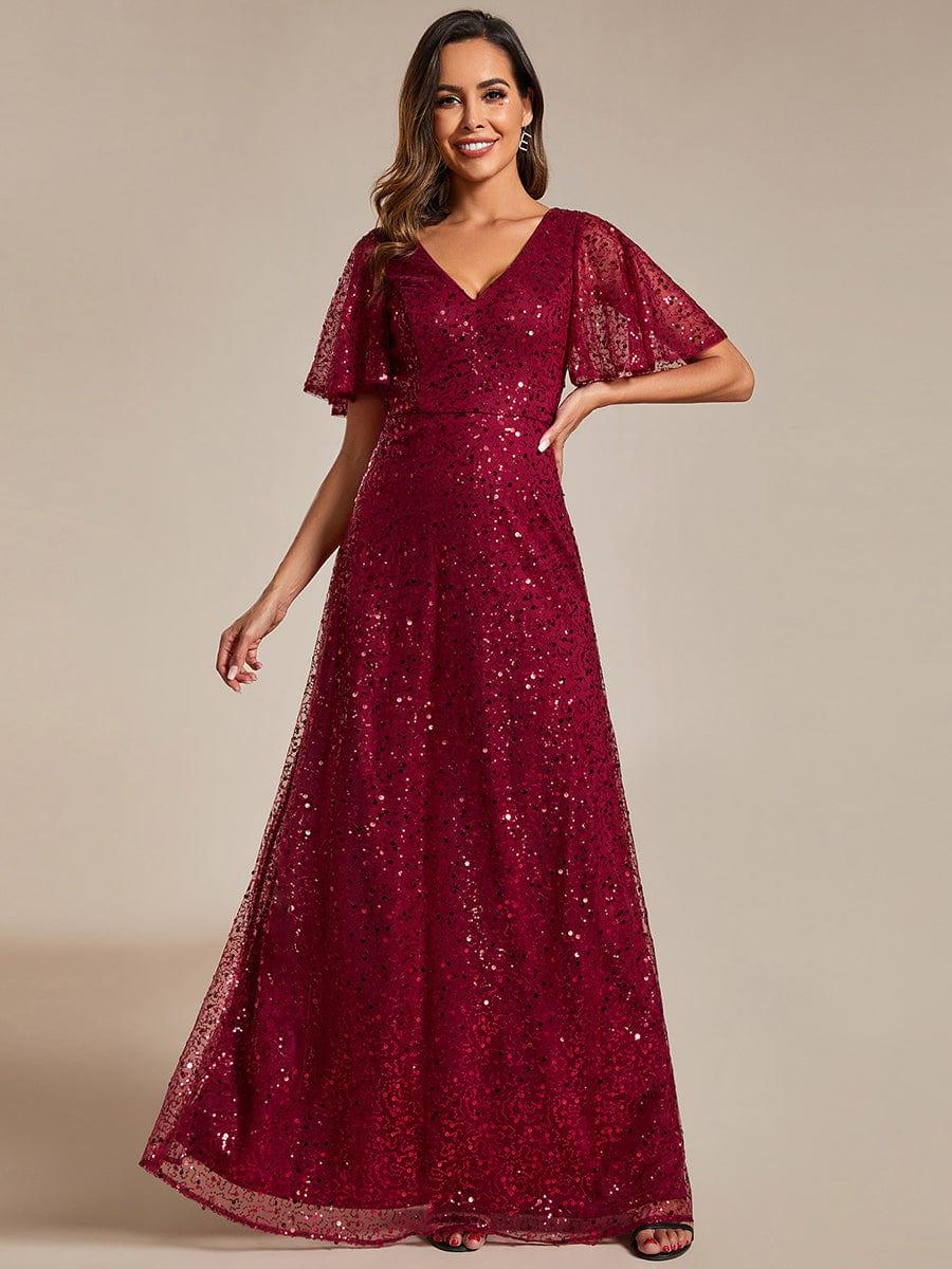 Radiant Sequin Short Sleeves A-Line V-Neck Formal Evening Dress
