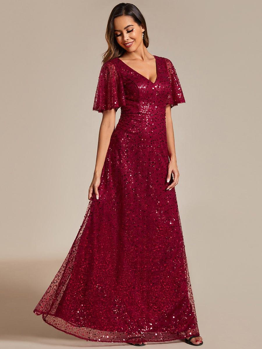 Radiant Sequin Short Sleeves A-Line V-Neck Formal Evening Dress