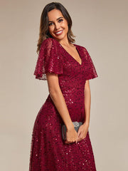 Radiant Sequin Short Sleeves A-Line V-Neck Formal Evening Dress
