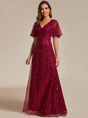 Radiant Sequin Short Sleeves A-Line V-Neck Formal Evening Dress