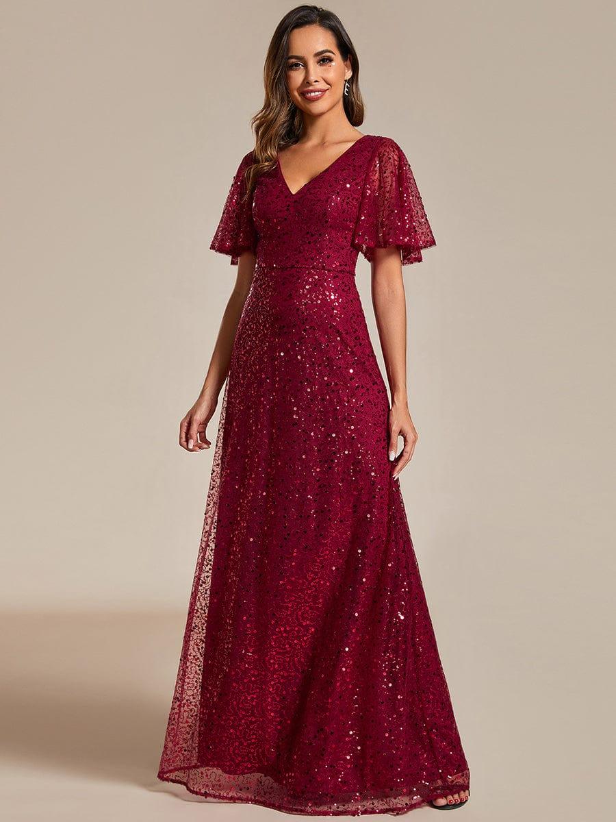 Radiant Sequin Short Sleeves A-Line V-Neck Formal Evening Dress