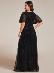 Radiant Sequin Short Sleeves A-Line V-Neck Formal Evening Dress