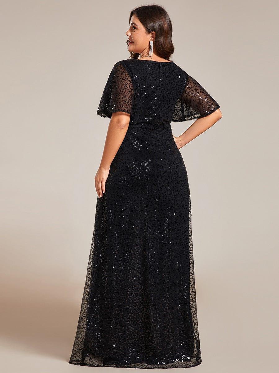 Radiant Sequin Short Sleeves A-Line V-Neck Formal Evening Dress