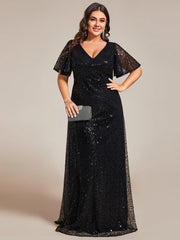Radiant Sequin Short Sleeves A-Line V-Neck Formal Evening Dress